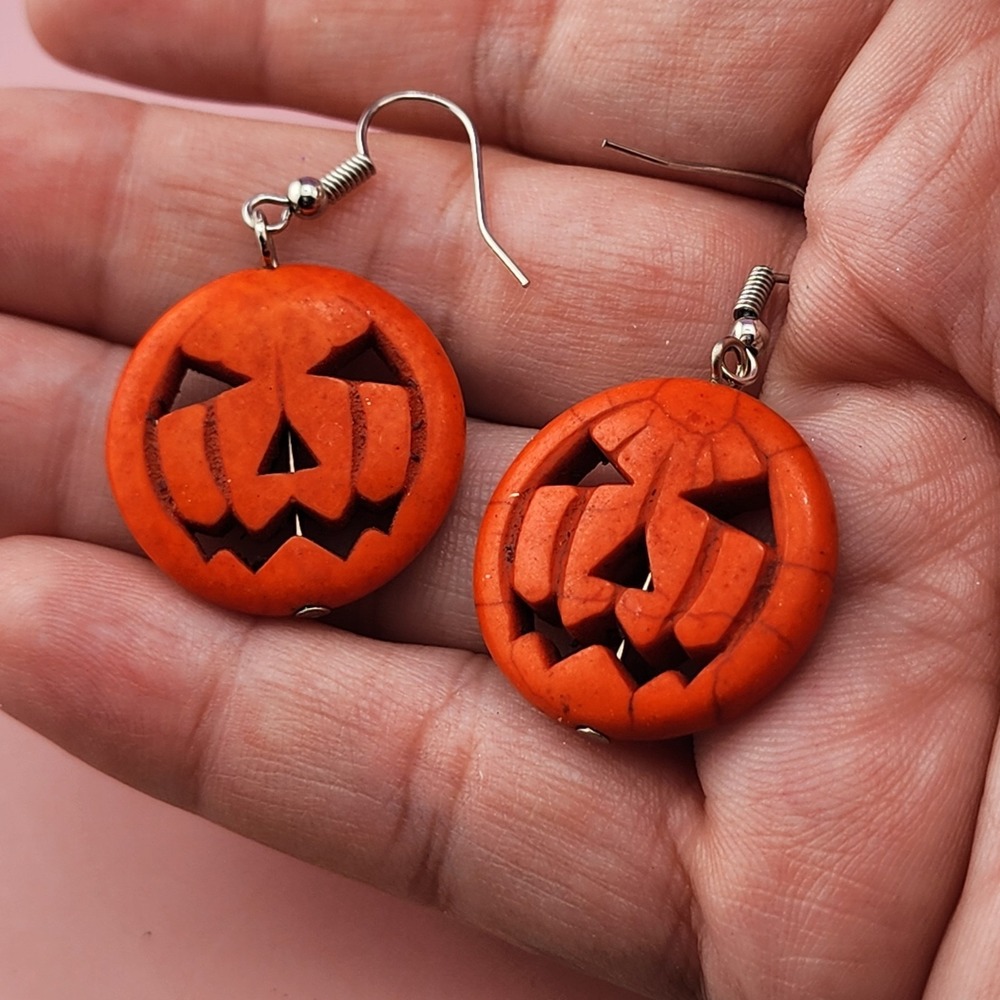 Orange Jack O Lantern Pumpkin Dangle Earrings Carved Halloween Gothic Jewelry